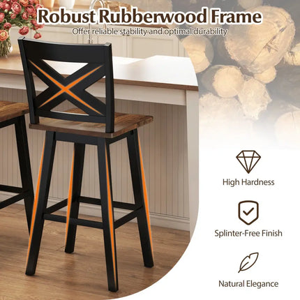 29" Rubberwood Swivel Barstools Set of 4 with Backrest and Large Seat-Black Costway