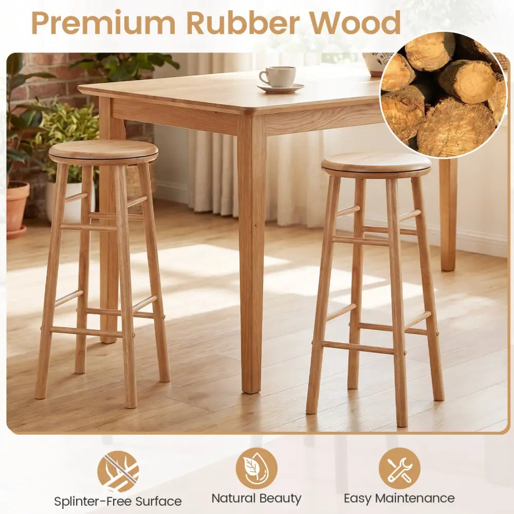 29’’ Swivel Bar Stools Set of 2 with Footrests & Crossbars-Natural - Natural - Bar Stools
