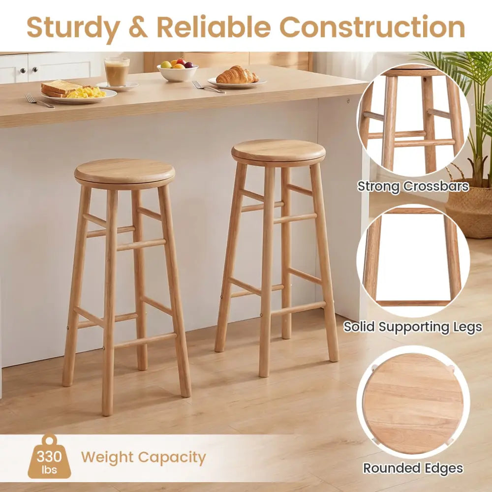 29’’ Swivel Bar Stools Set of 2 with Footrests & Crossbars-Natural - Natural - Bar Stools