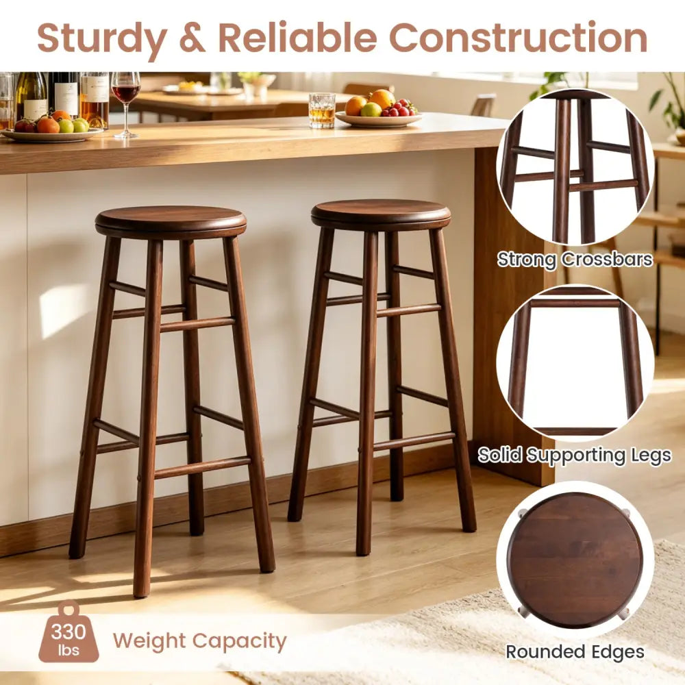 29’’ Swivel Bar Stools Set of 2 with Footrests & Crossbars-Walnut - Walnut - Bar Stools