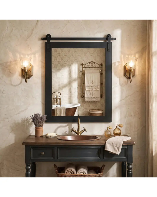 29’’ x 23’’ Rectangle Farmhouse Wall Mirror with Metal Bracket for Bathroom-Black - Black - Wall Mirrors