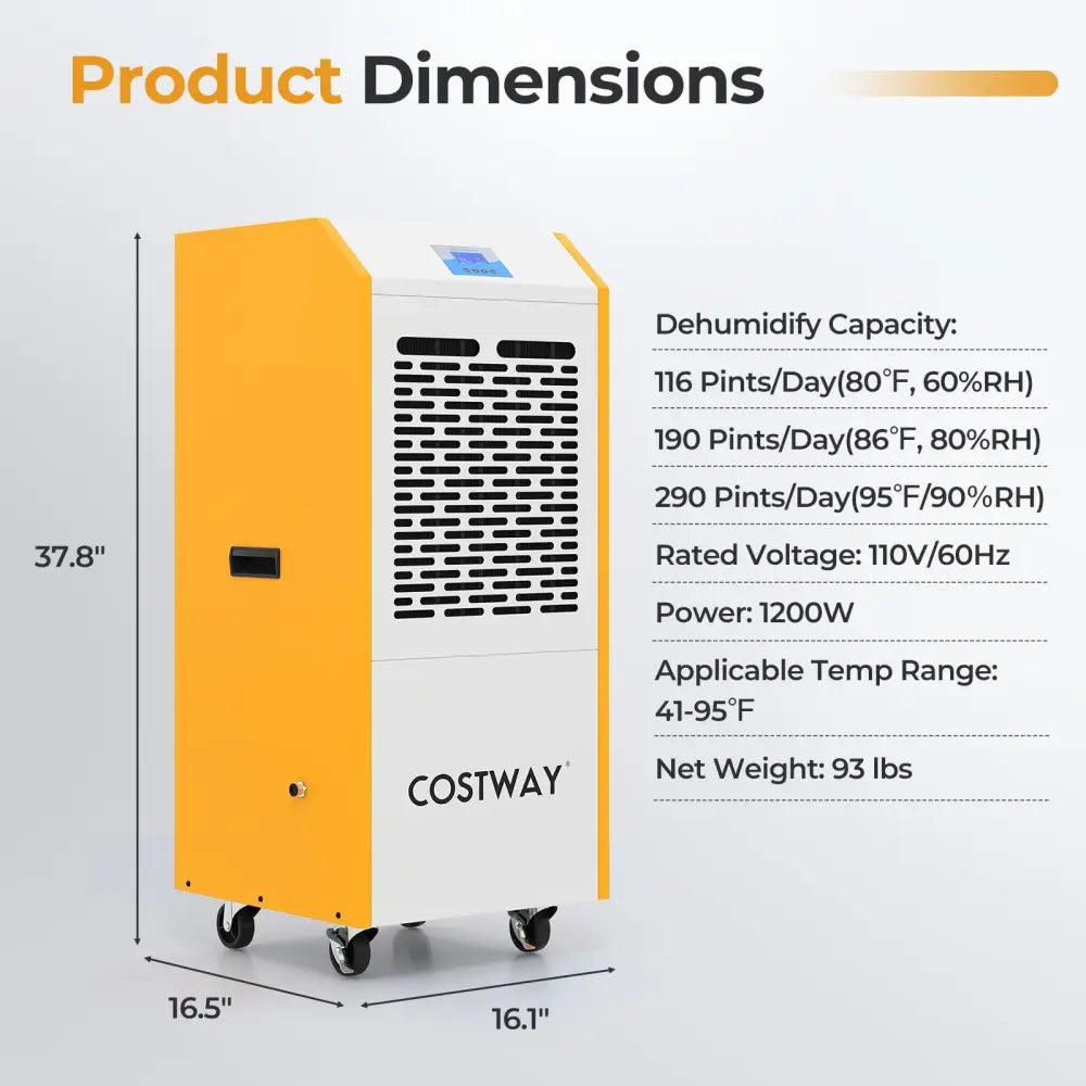 290 Pints Commercial Dehumidifier with Pump and Drain Hose for Basement Warehouse-Yellow - Yellow - Dehumidifiers