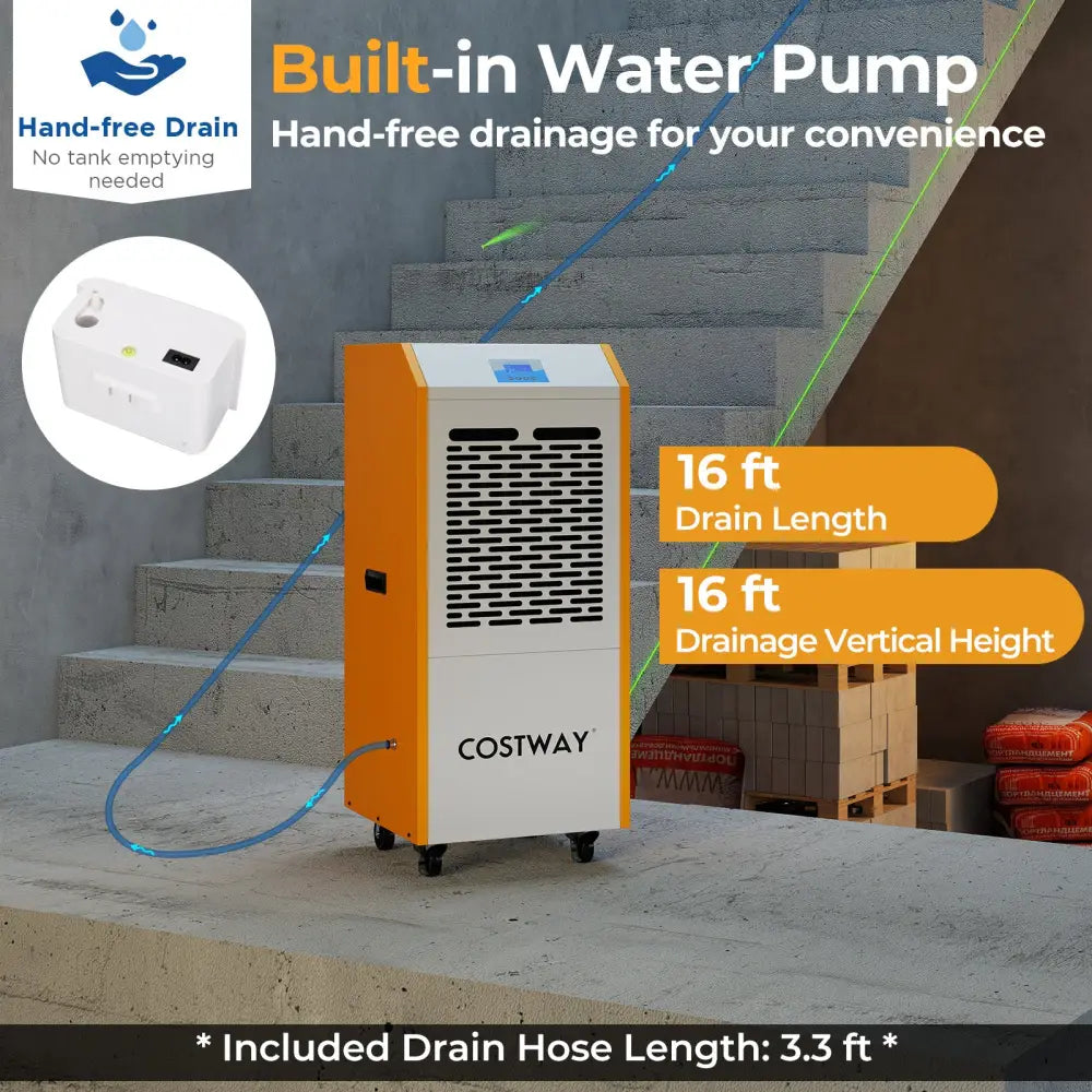 290 Pints Commercial Dehumidifier with Pump and Drain Hose for Basement Warehouse-Yellow - Yellow - Dehumidifiers