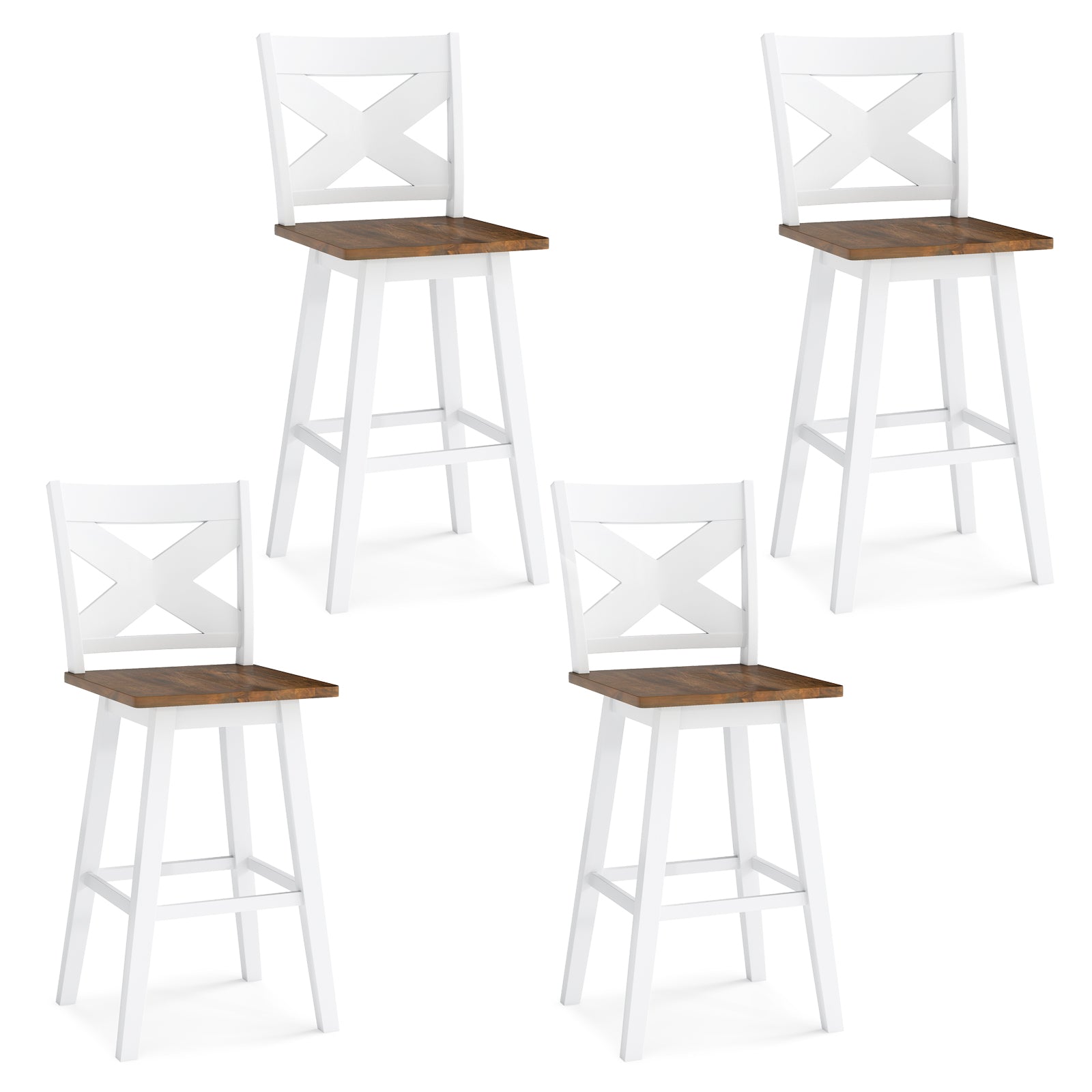29" Rubberwood Swivel Barstools Set of 4 with Backrest and Large Seat-Wh ite