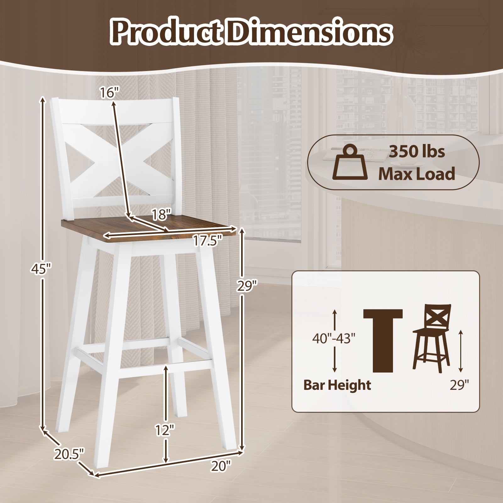 29" Rubberwood Swivel Barstools Set of 4 with Backrest and Large Seat-Wh ite