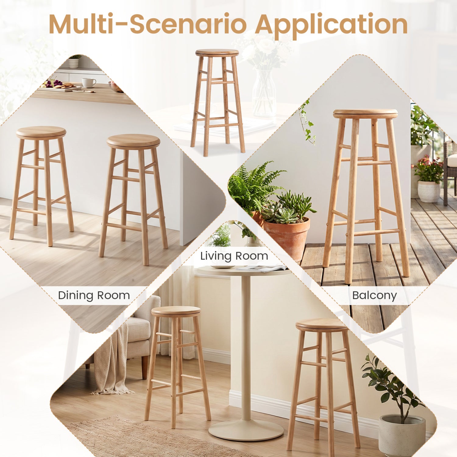 29" Swivel Bar Stools Set of 2 with Footrests & Crossbars-Natural