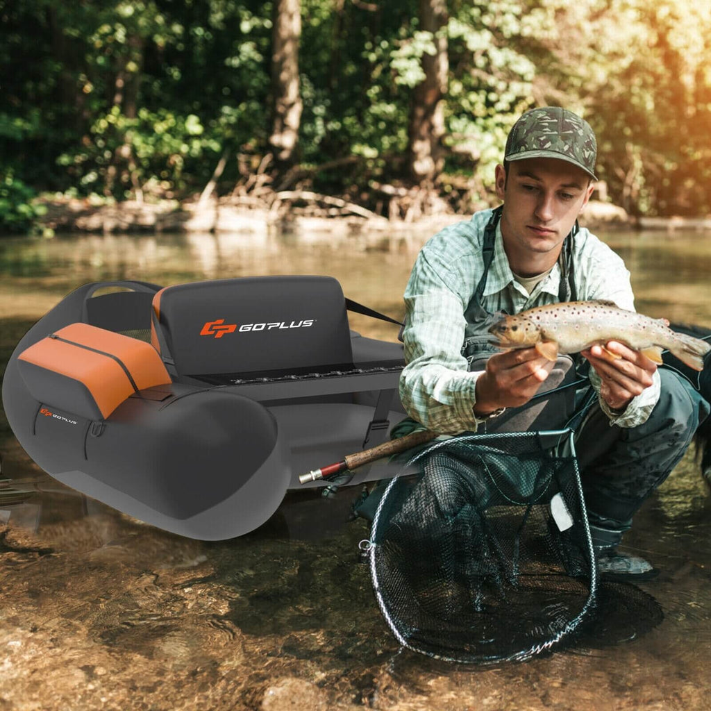 Inflatable Fishing Float Tube with Pump Storage Pockets and Fish Ruler-Gray