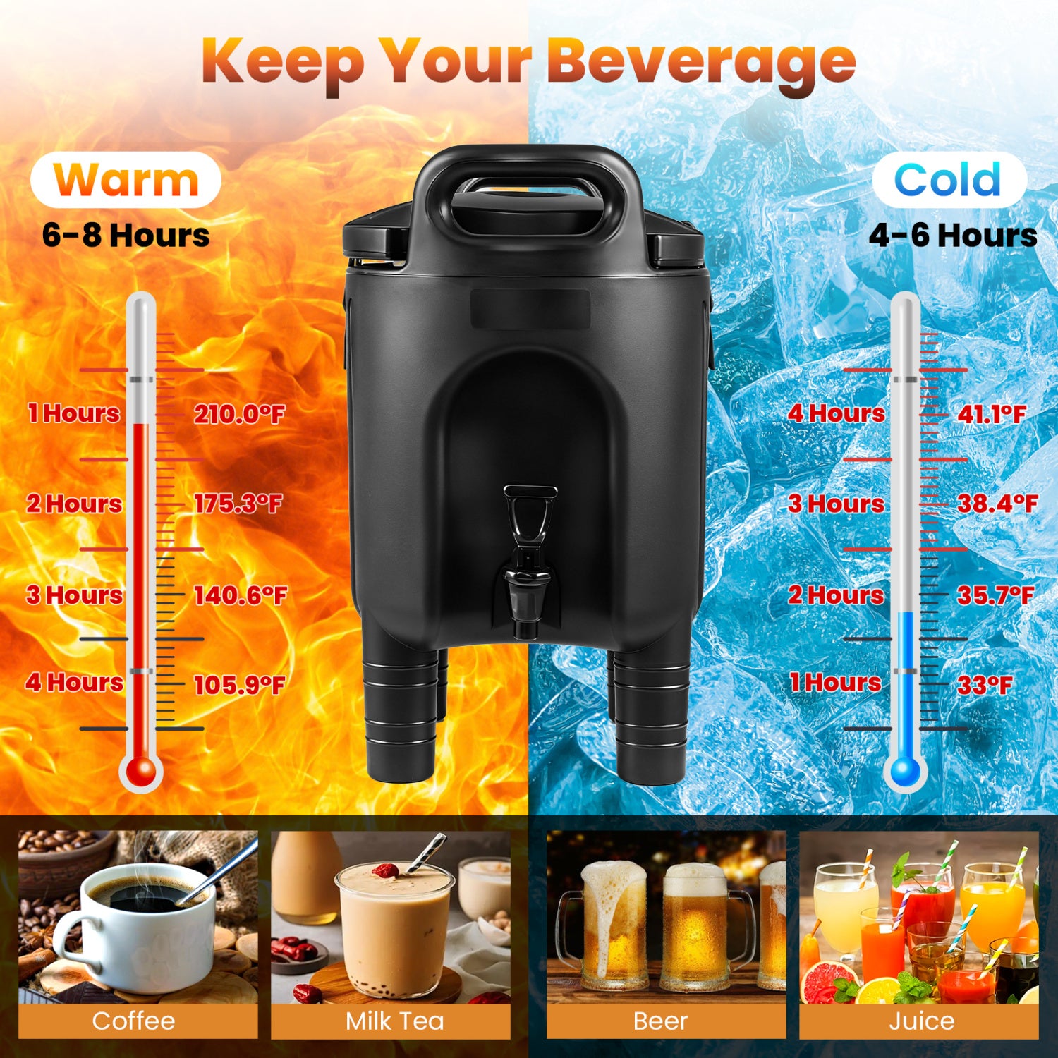 2.6 Gal Insulated Beverage Dispenser with Handles and Two-Stage Faucet-Black