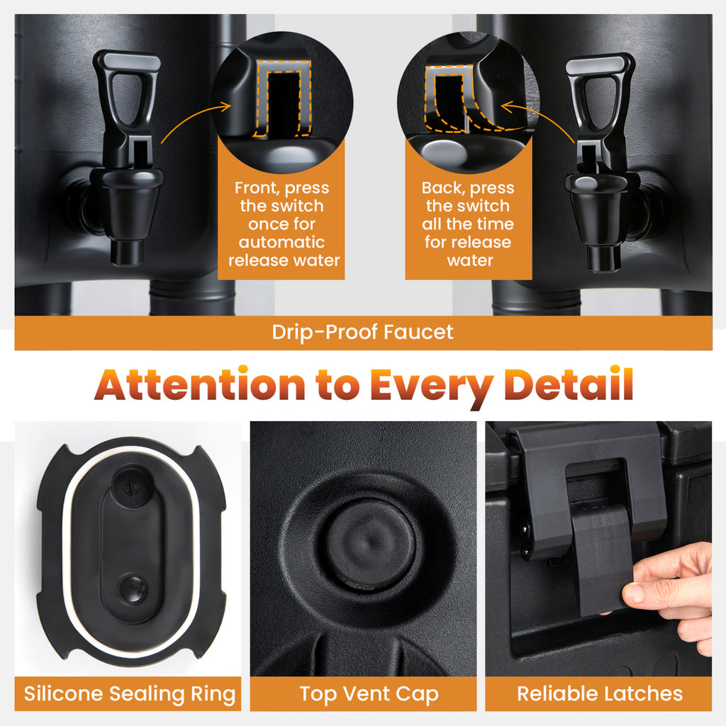 2.6 Gal Insulated Beverage Dispenser with Handles and Two-Stage Faucet-Black