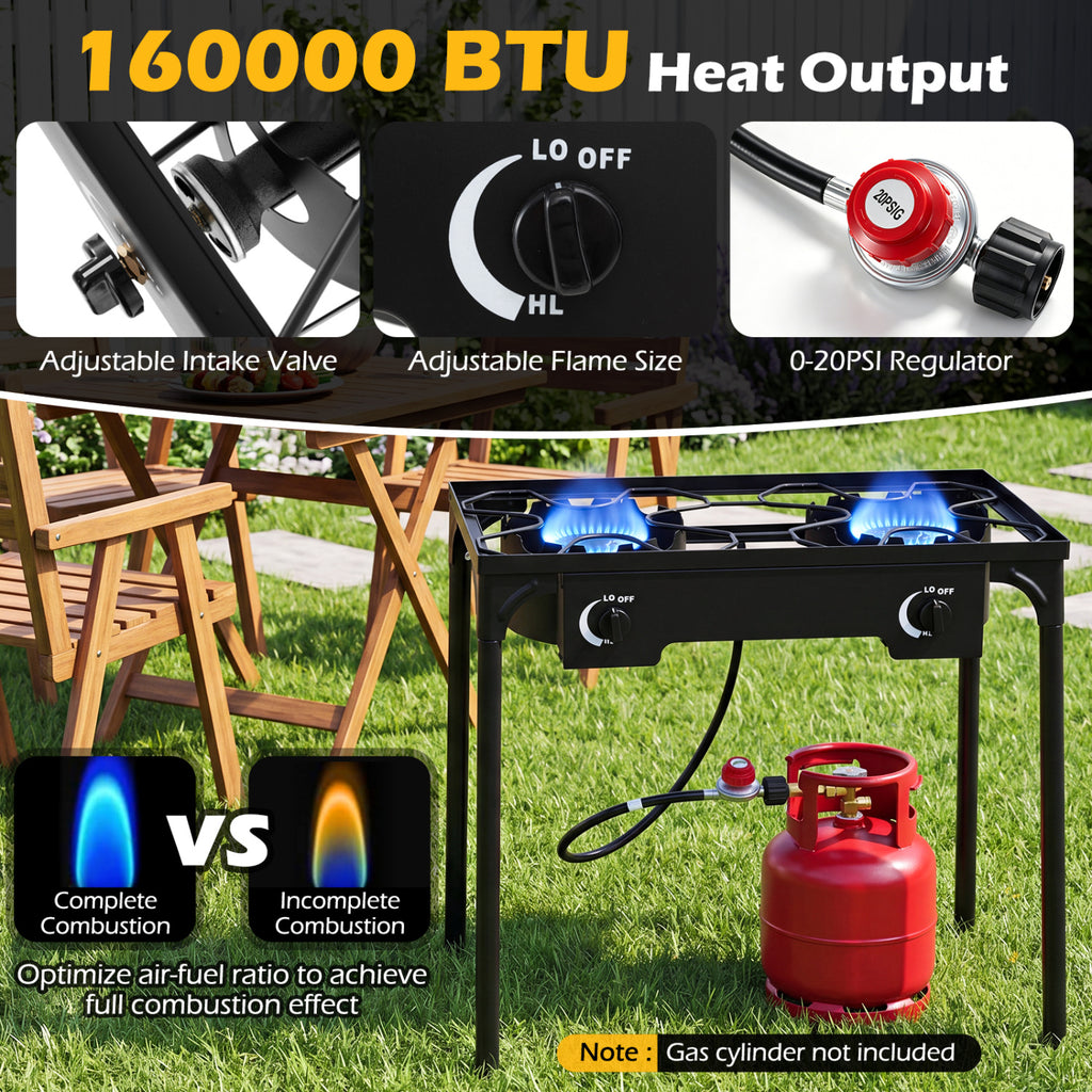 2 Burner Propane Stove 160000 BTU with Adjustable Regulator & Hose for Camping BBQ-Black