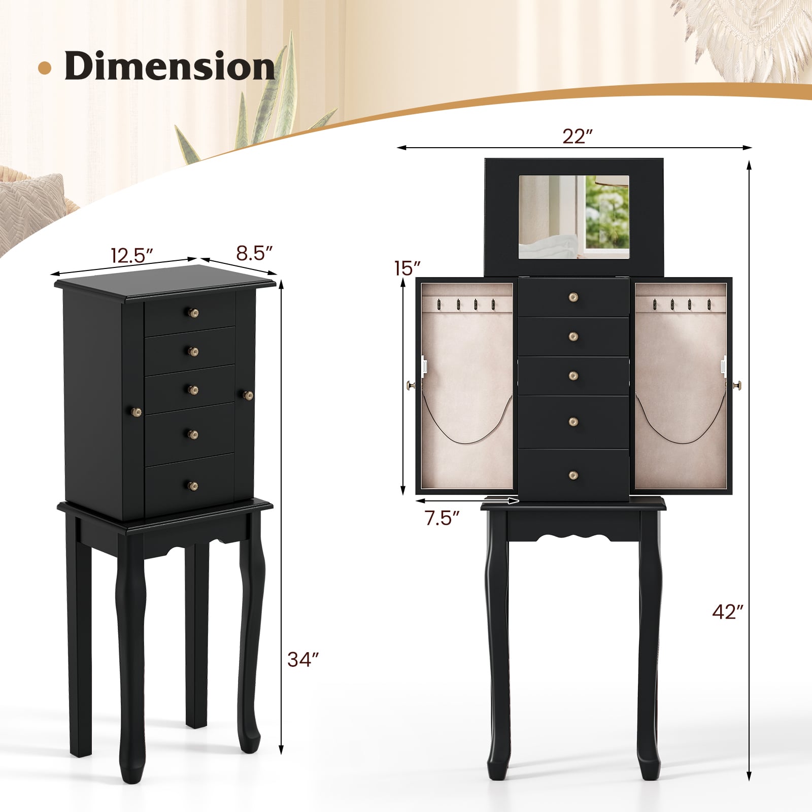 2 Colors Armoire Storage Standing Jewelry Cabinet with Mirror-Black