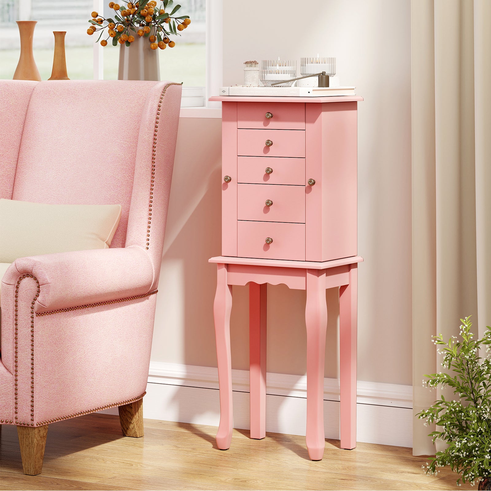 2 Colors Armoire Storage Standing Jewelry Cabinet with Mirror-Pink