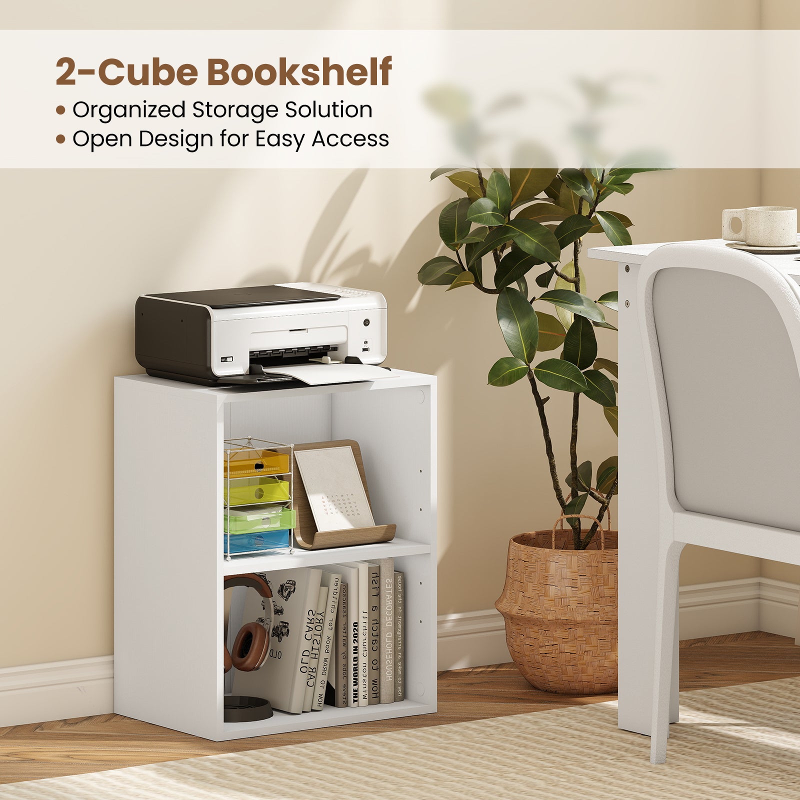 2-Cube Bookcase Floor Standing Open Bookshelf with 5-Position Adjustable Shelf-White