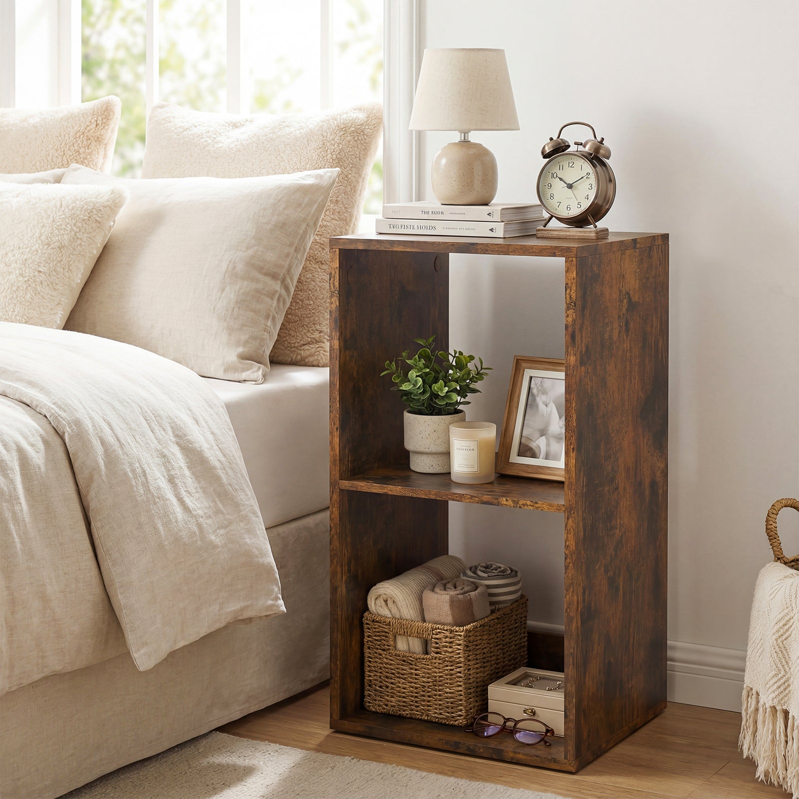 2 Cube Bookshelf with Back Guardrail for Living Room Bedroom-Rustic Brown