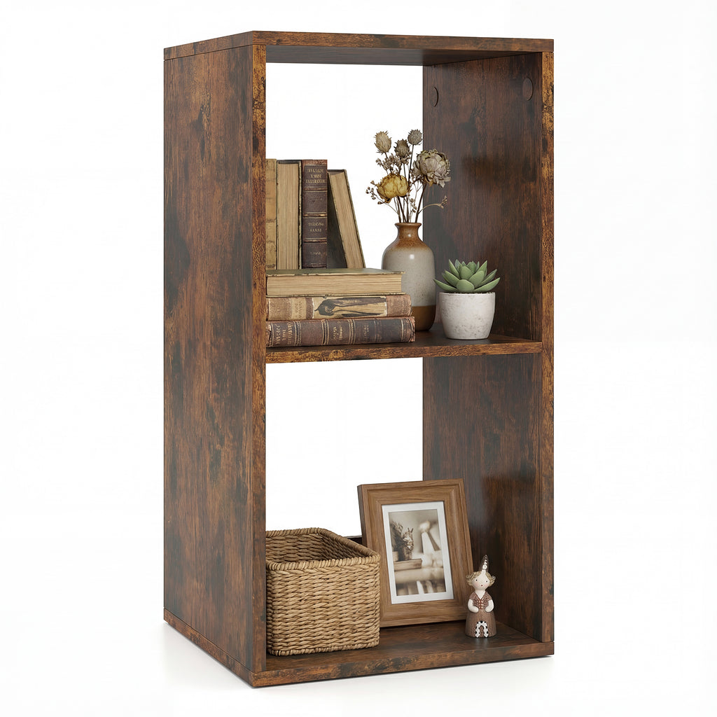 2 Cube Bookshelf with Back Guardrail for Living Room Bedroom-Rustic Brown
