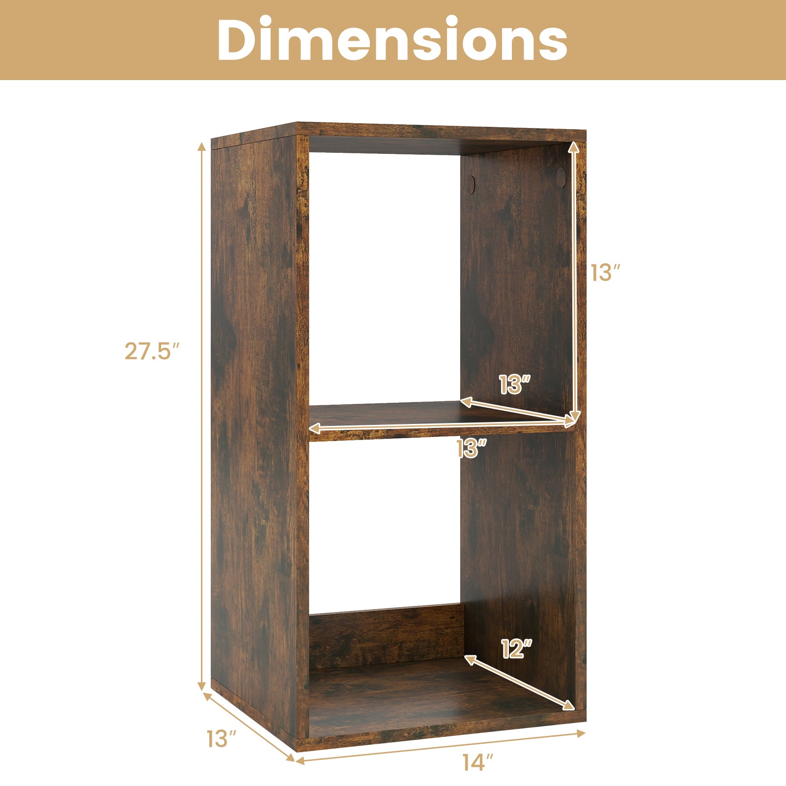 2 Cube Bookshelf with Back Guardrail for Living Room Bedroom-Rustic Brown