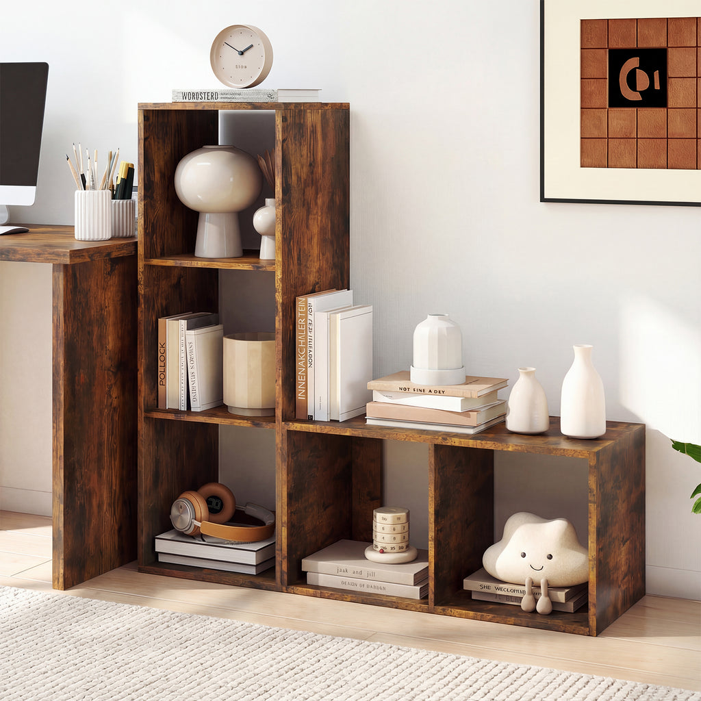 2 Cube Bookshelf with Back Guardrail for Living Room Bedroom-Rustic Brown
