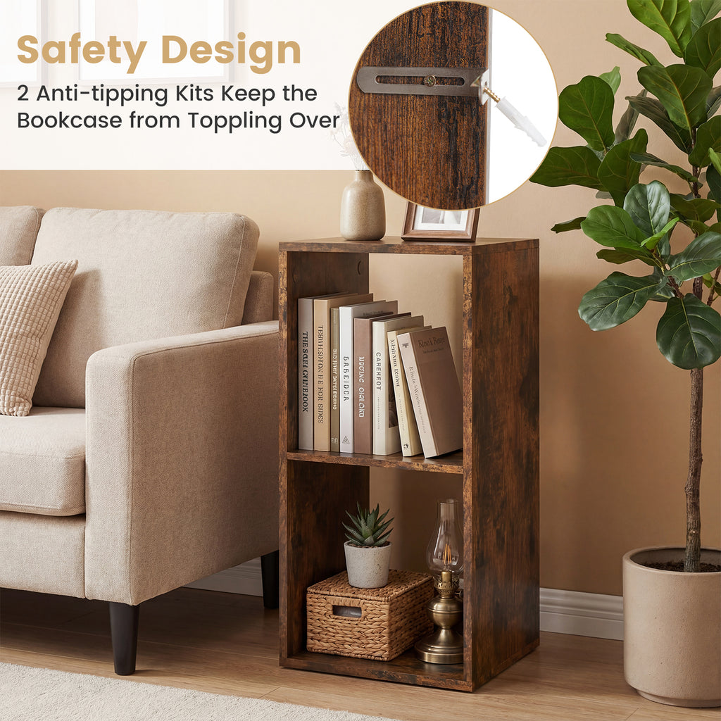 2 Cube Bookshelf with Back Guardrail for Living Room Bedroom-Rustic Brown
