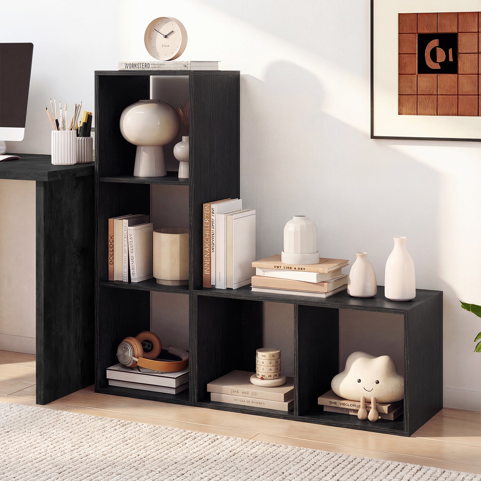 2 Cube Bookshelf with Back Guardrail for Living Room Bedroom-Black