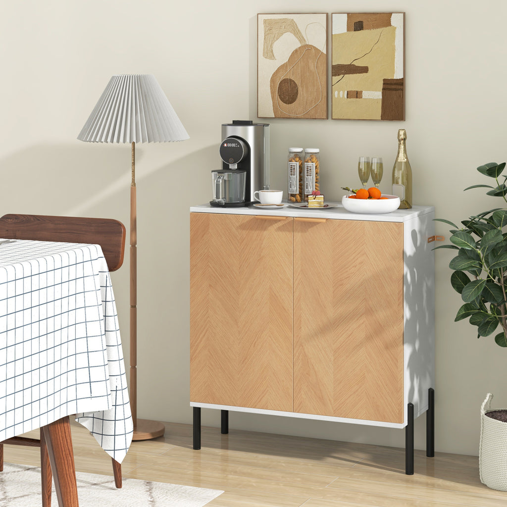 2-Door Buffet Cabinet Sideboard with Shelf and Metal Legs-White-Natural Wood