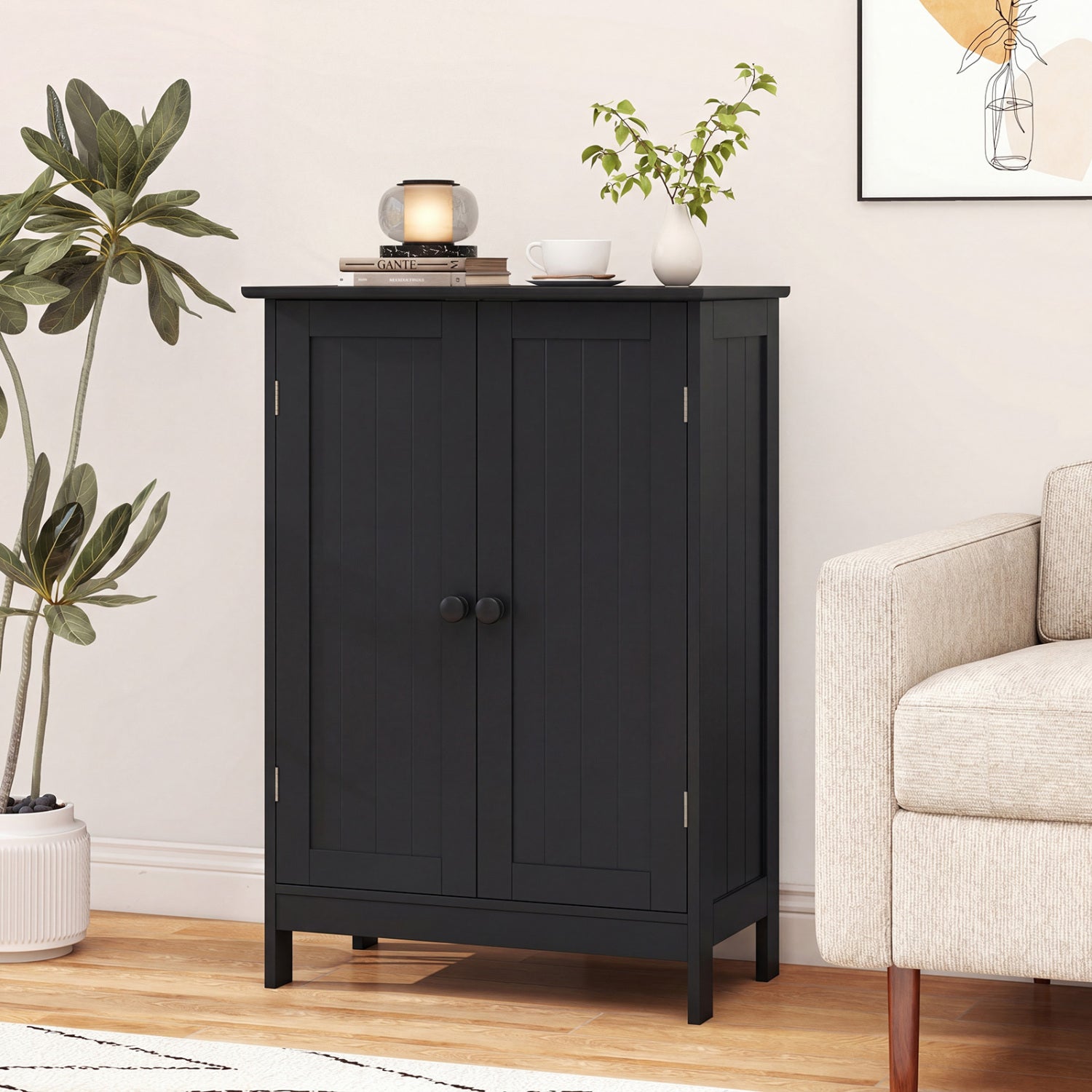 2-Door Freee-Standing Bathroom Cabinet with Shelf-Black