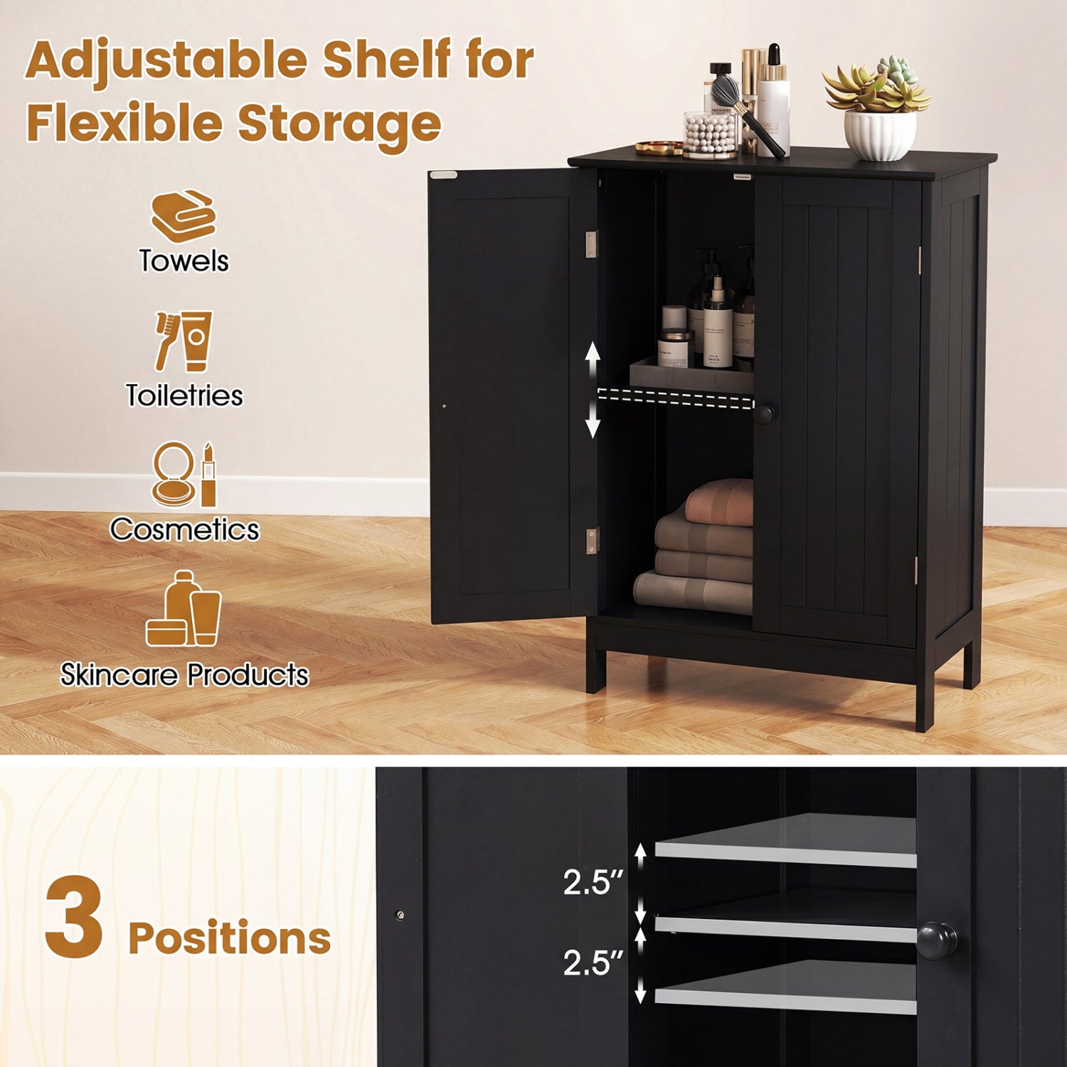 2-Door Freee-Standing Bathroom Cabinet with Shelf-Black
