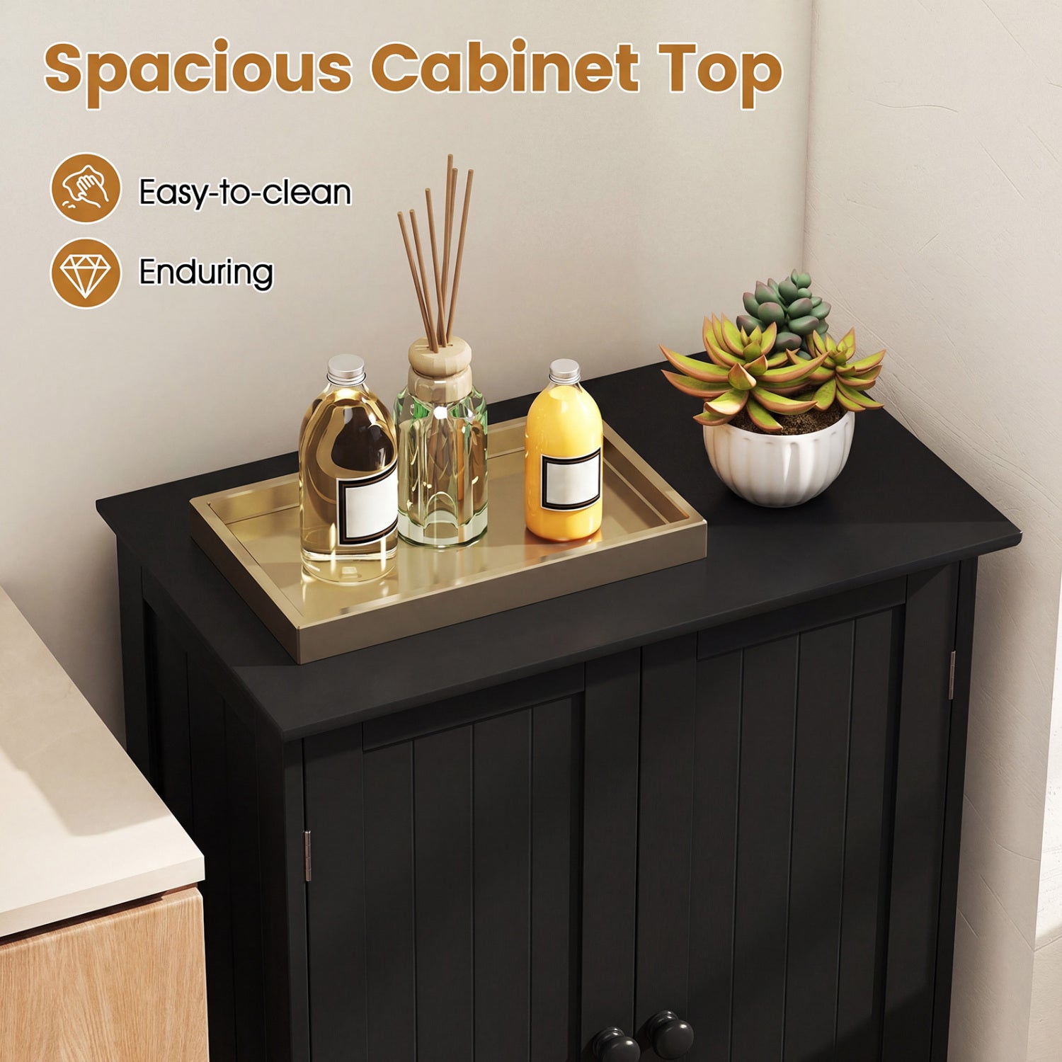 2-Door Freee-Standing Bathroom Cabinet with Shelf-Black