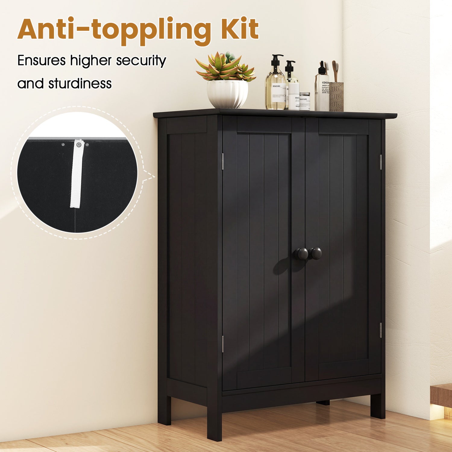 2-Door Freee-Standing Bathroom Cabinet with Shelf-Black