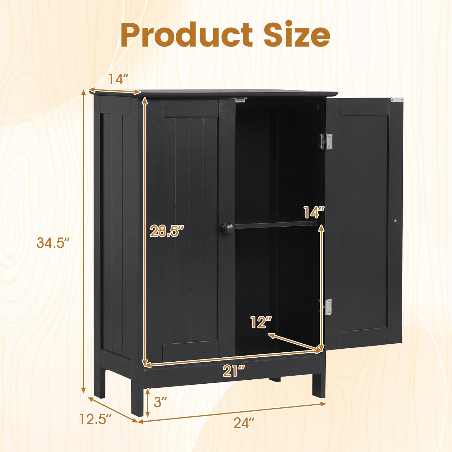 2-Door Freee-Standing Bathroom Cabinet with Shelf-Black