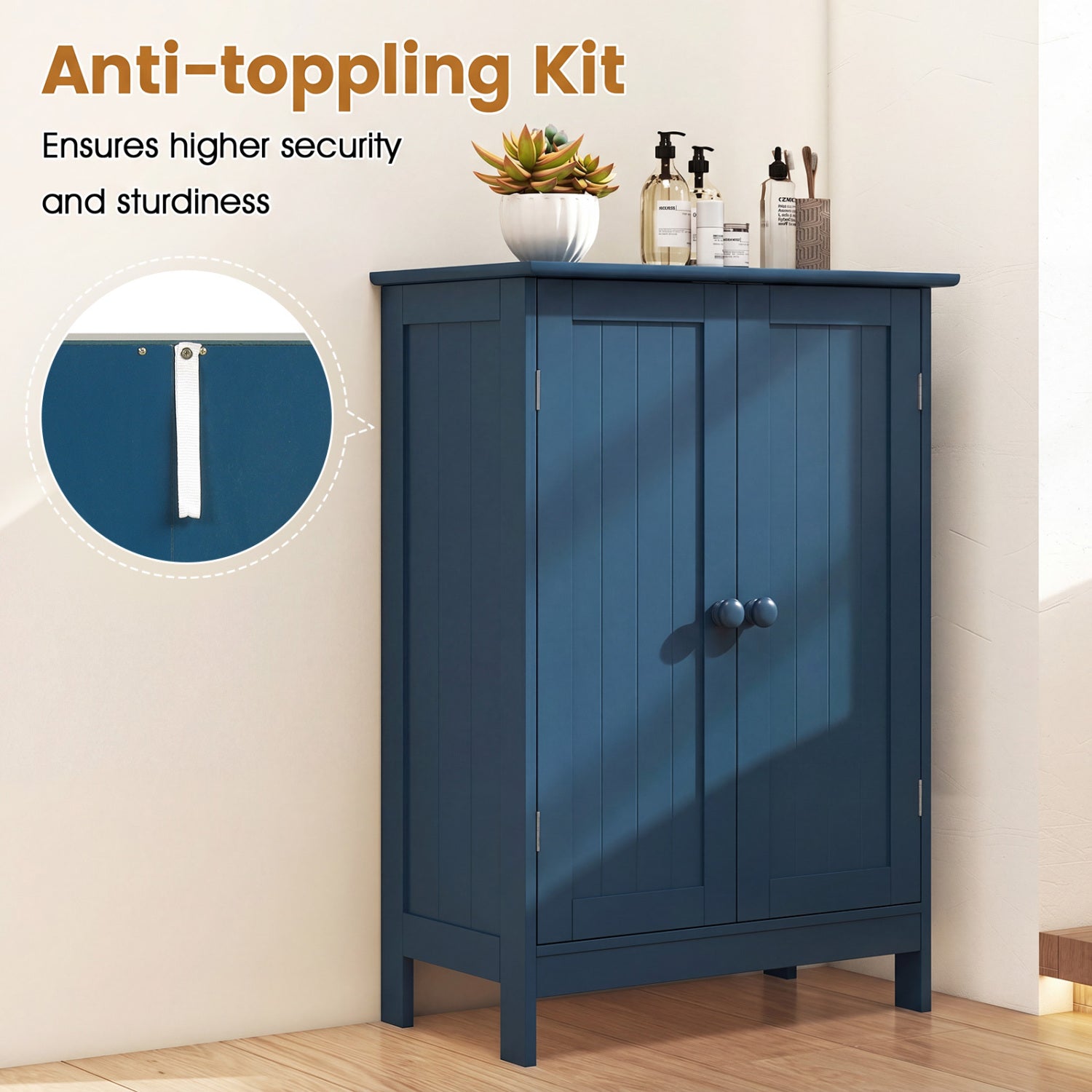 2-Door Freestanding Wooden Bathroom Cabinet with Adjustable Shelf-Green