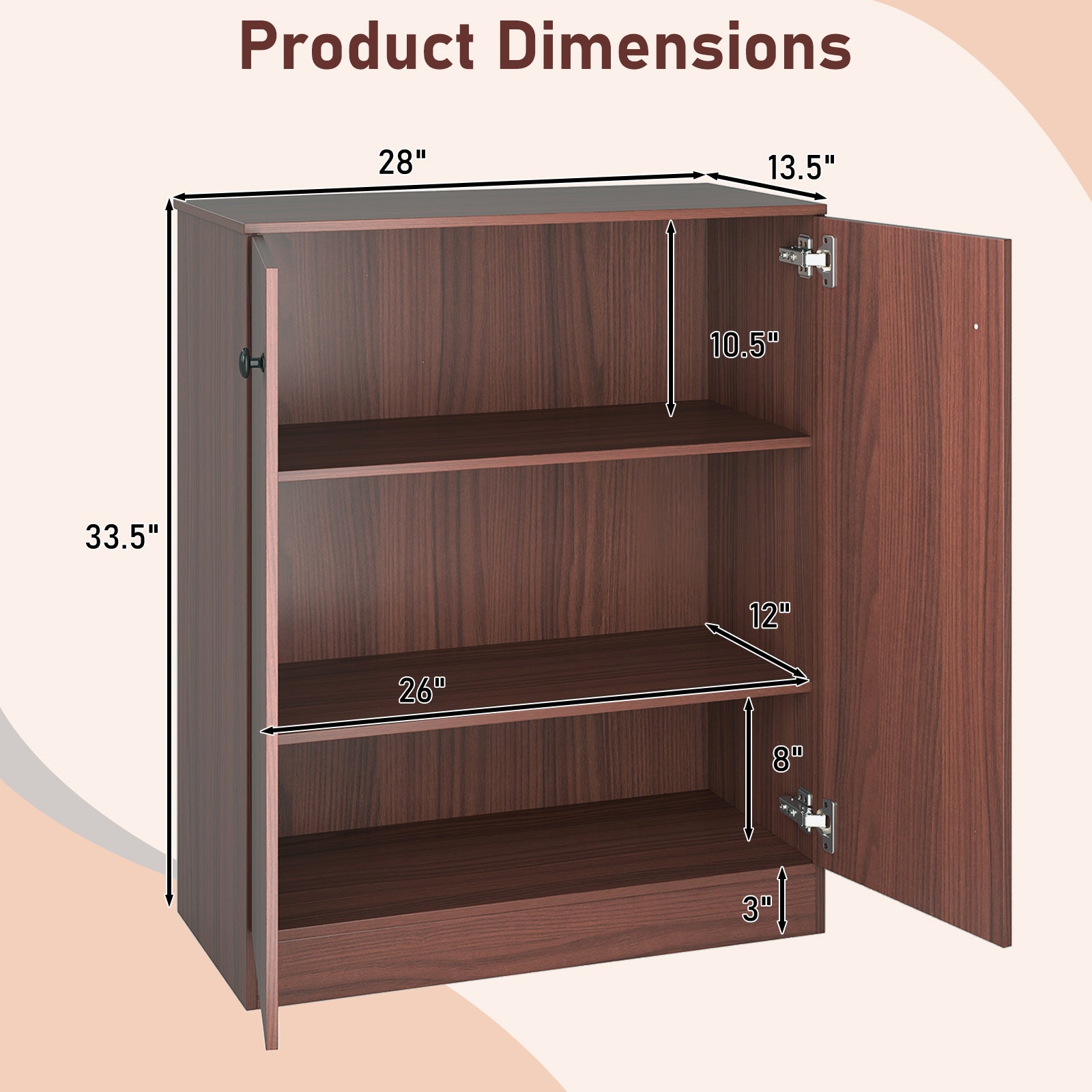 2-Door Modern Floor Storage Cabinet with 3-Tier Shelf-Brown