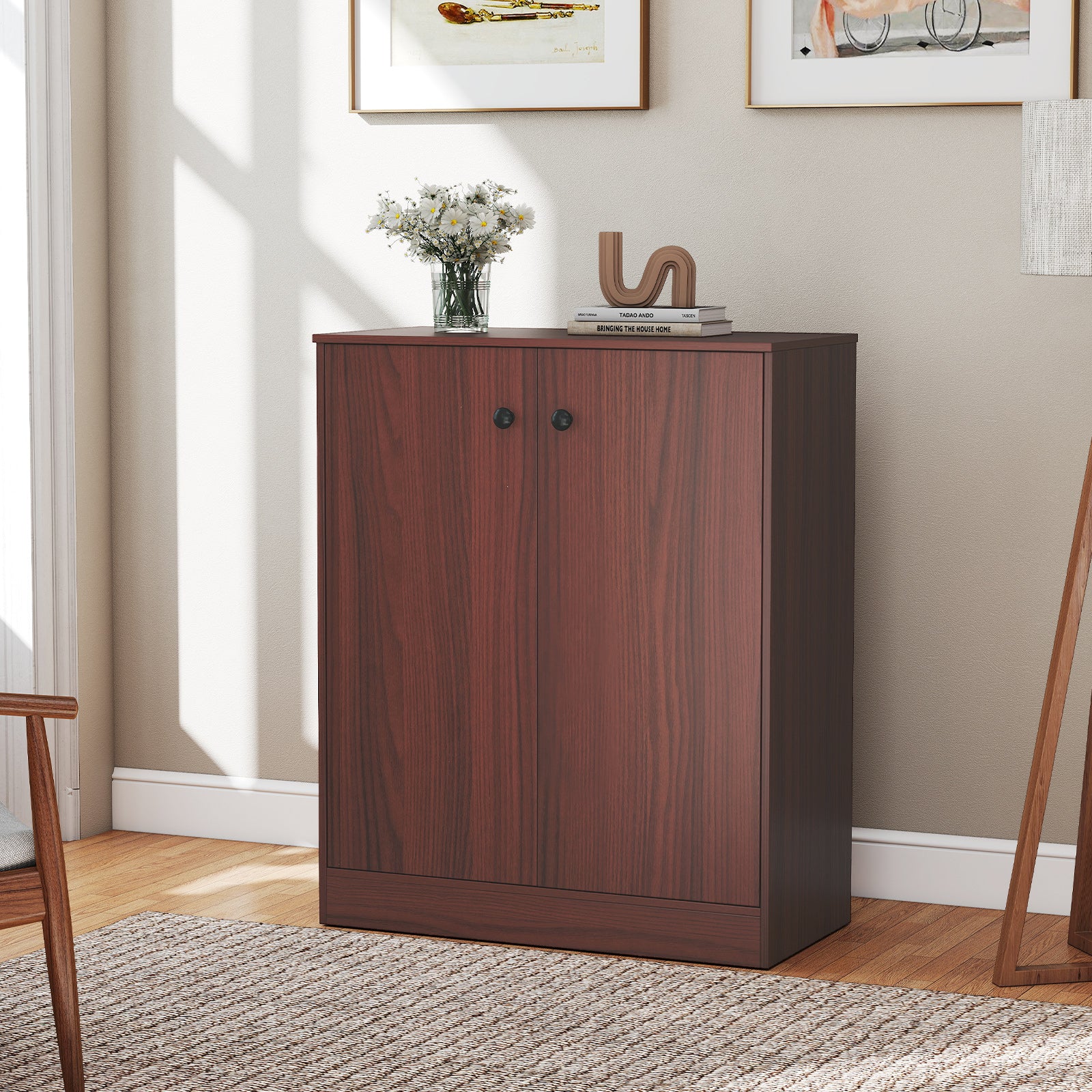 2-Door Modern Floor Storage Cabinet with 3-Tier Shelf-Brown