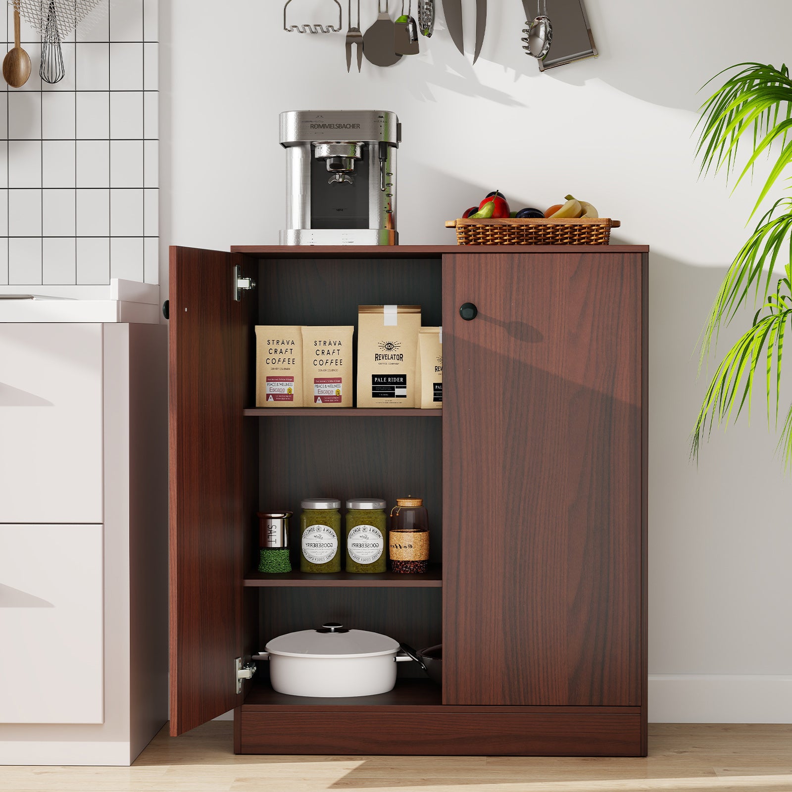 2-Door Modern Floor Storage Cabinet with 3-Tier Shelf-Brown