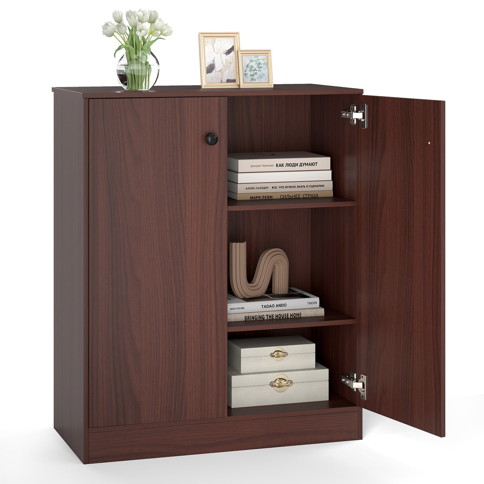 2-Door Modern Floor Storage Cabinet with 3-Tier Shelf-Brown
