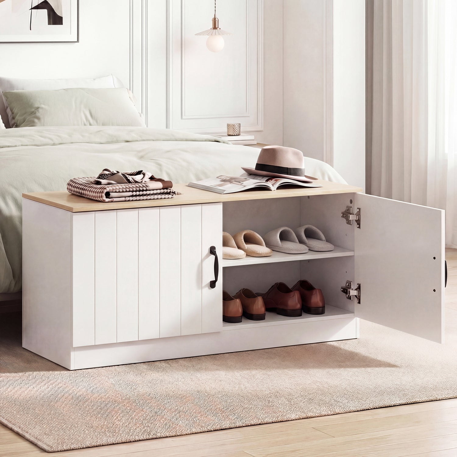 Banc à chaussures 2 portes Meuble de rangement pour chaussures avec étagères réglables-Naturel