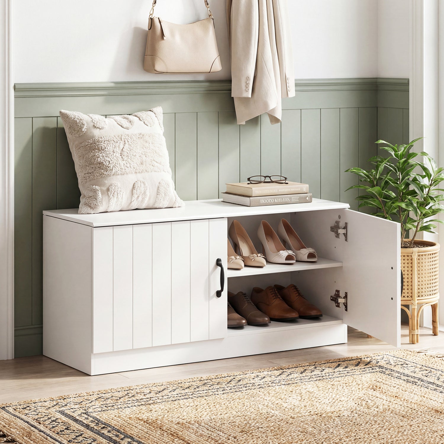 2-Door Shoe Bench Shoe Storage Cabinet with Adjustable Shelves-White