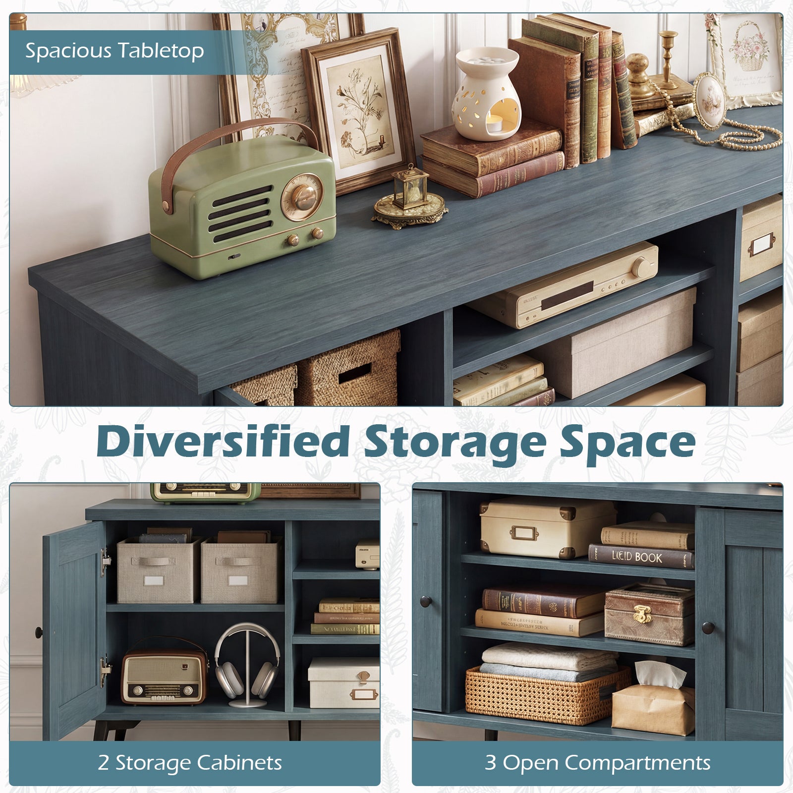 2-Door TV Stand for TVs up to 65 Inch Mid Century Modern Entertainment Center-Turquoise