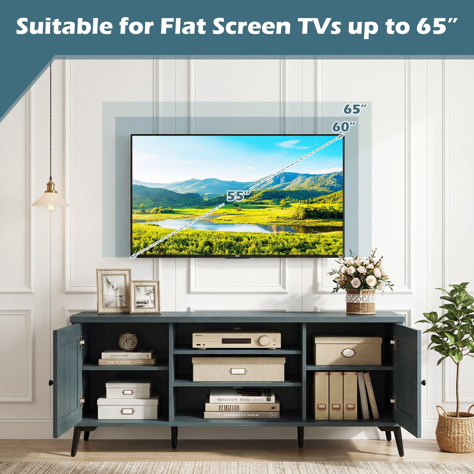 2-Door TV Stand for TVs up to 65 Inch Mid Century Modern Entertainment Center-Turquoise