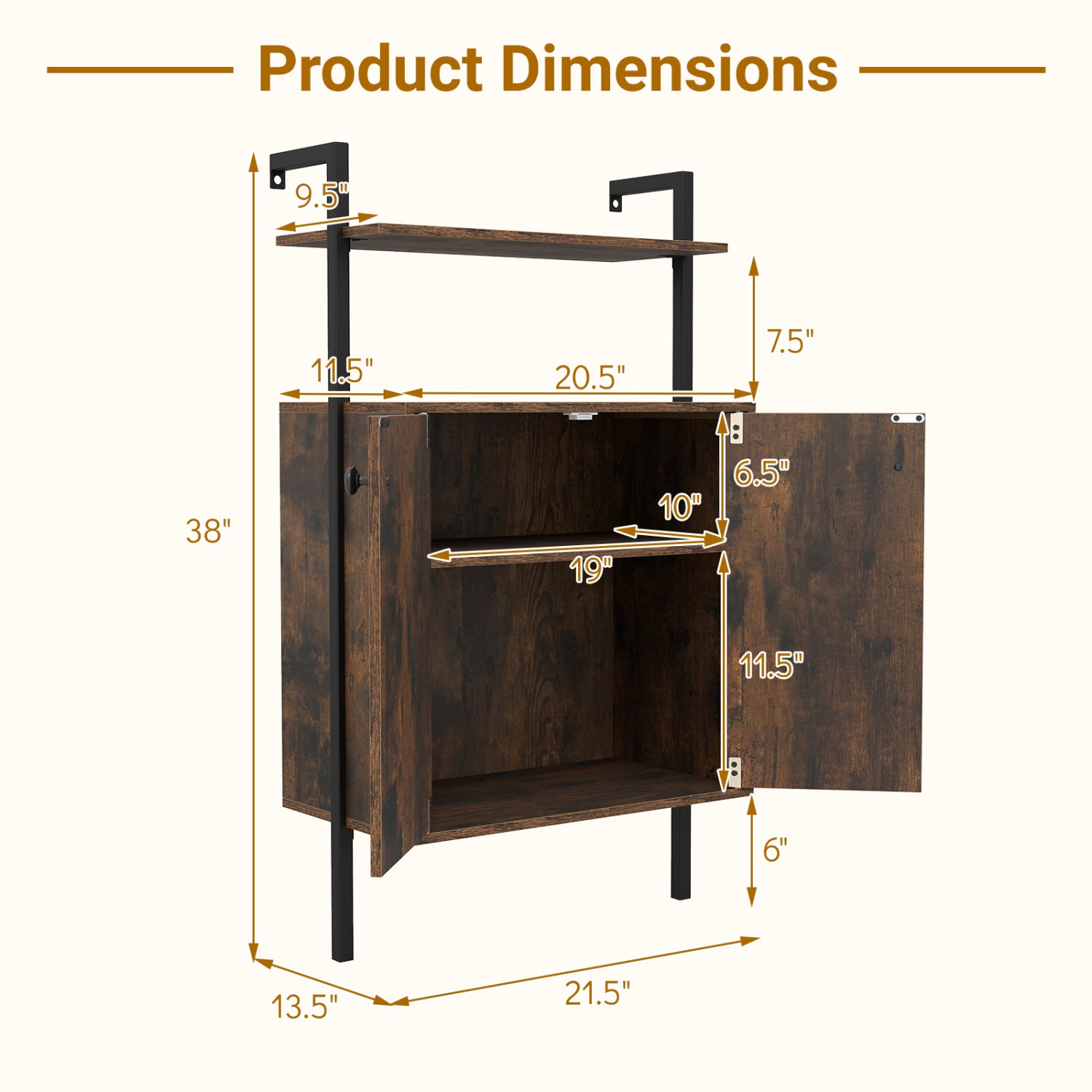 2-Door Wall Mount Bookshelf with Storage Cabinet-Rustic Brown
