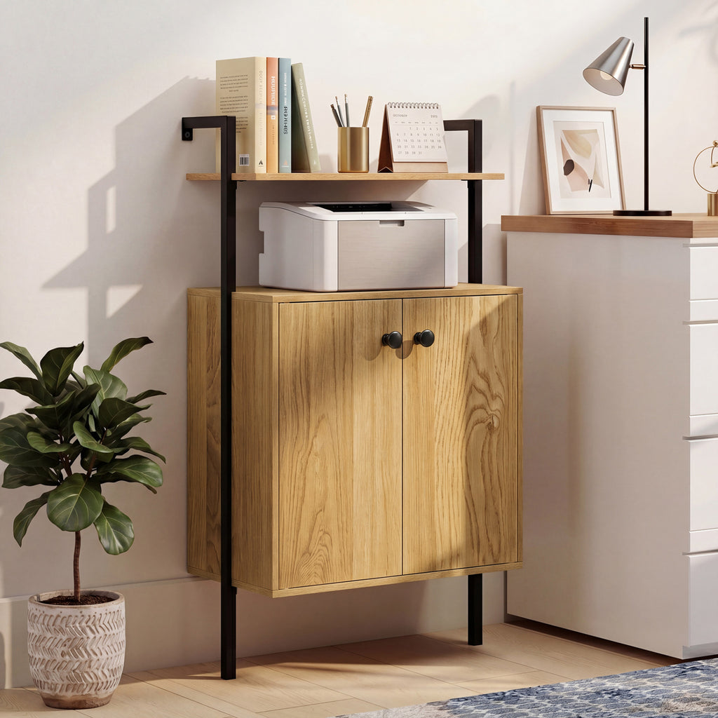 2-Door Wall Mount Bookshelf with Storage Cabinet-Natural