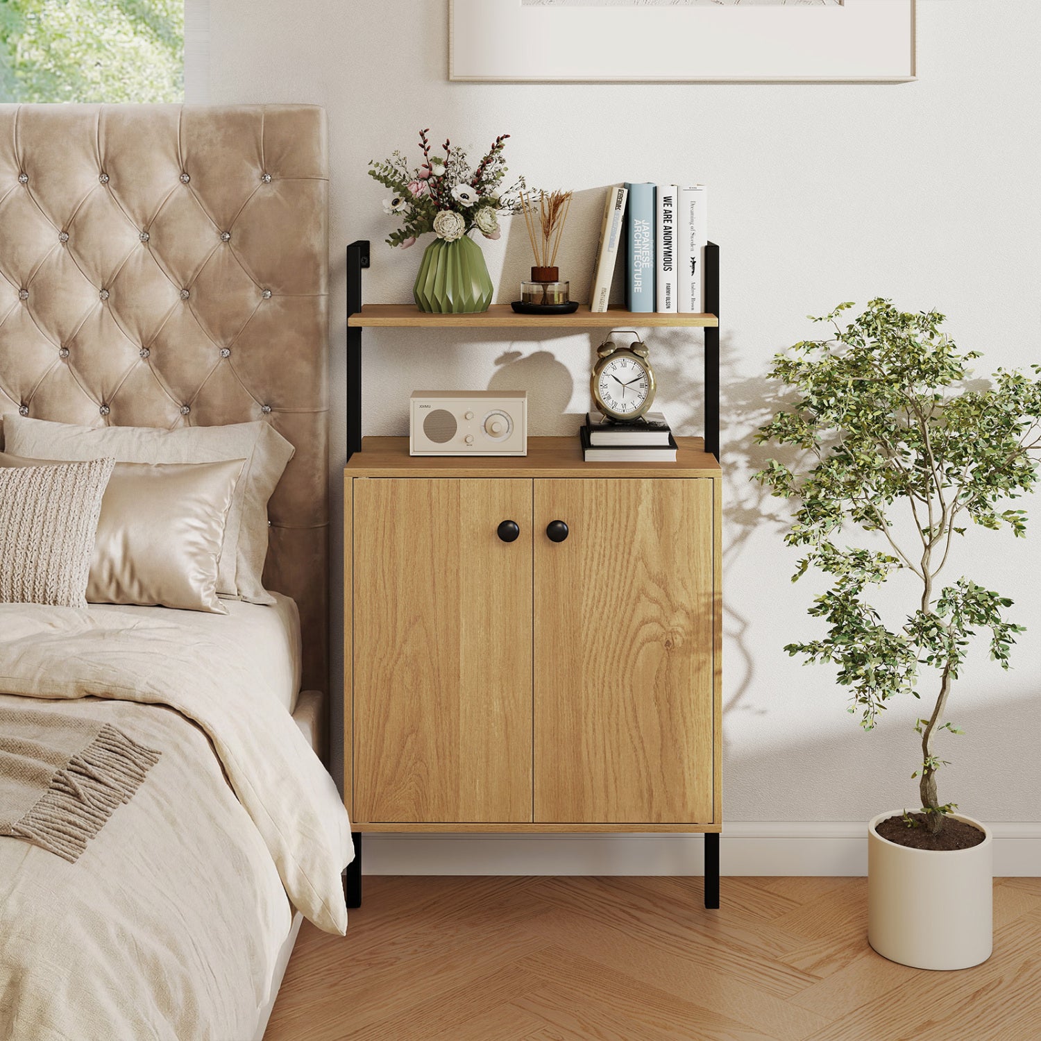 2-Door Wall Mount Bookshelf with Storage Cabinet-Natural