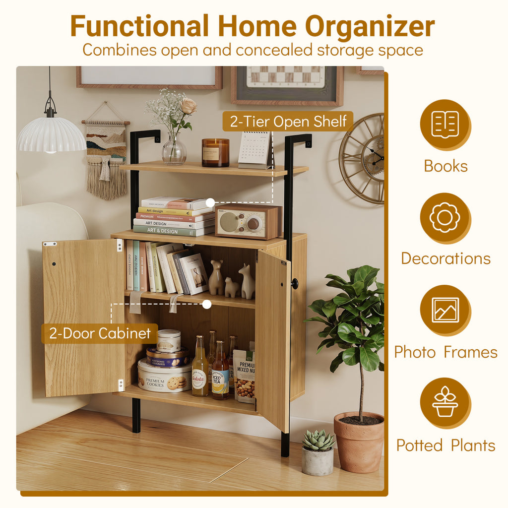 2-Door Wall Mount Bookshelf with Storage Cabinet-Natural
