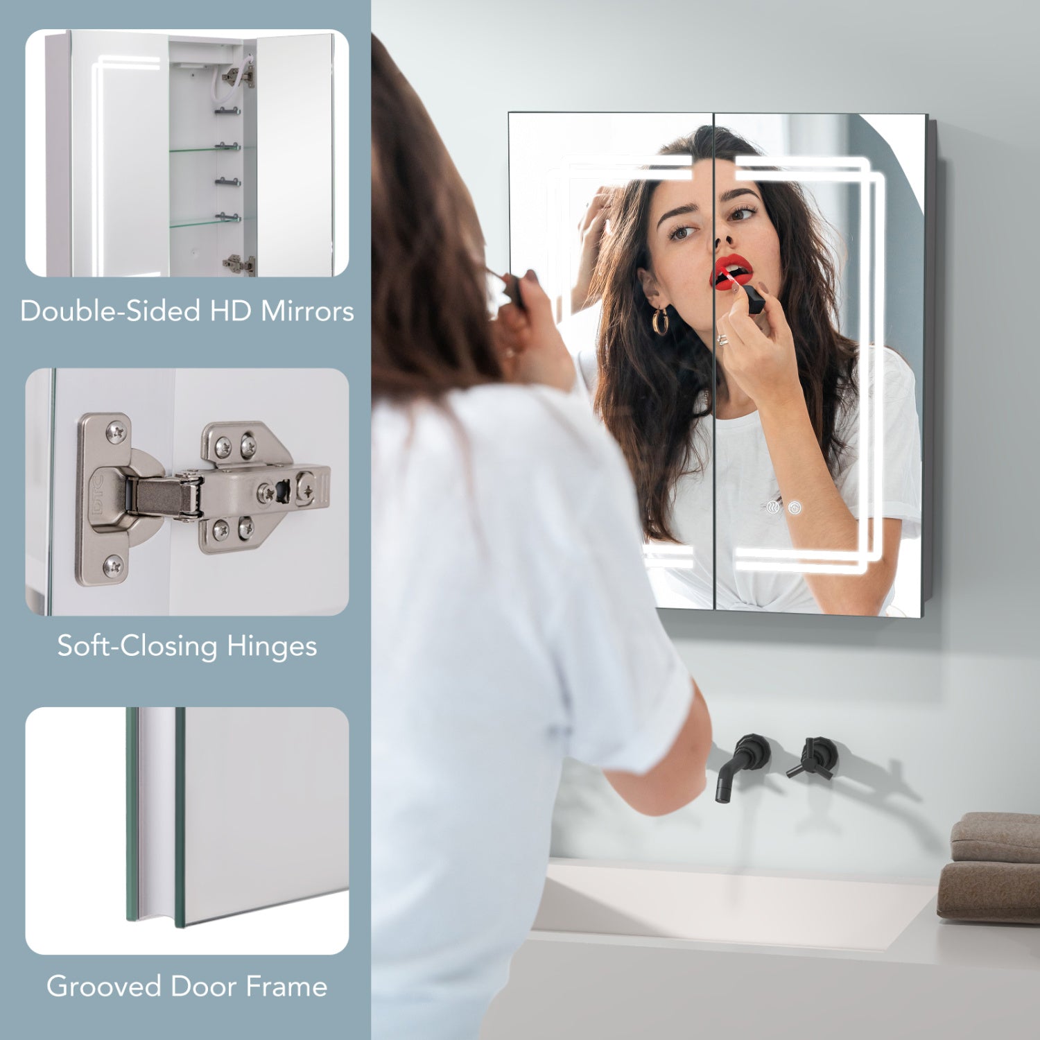 2 Doors Bathroom Mirror Medicine Wall Cabinet with Lights