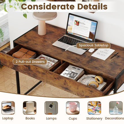 2-Drawer Home Office Desk with Steel Frame-Brown