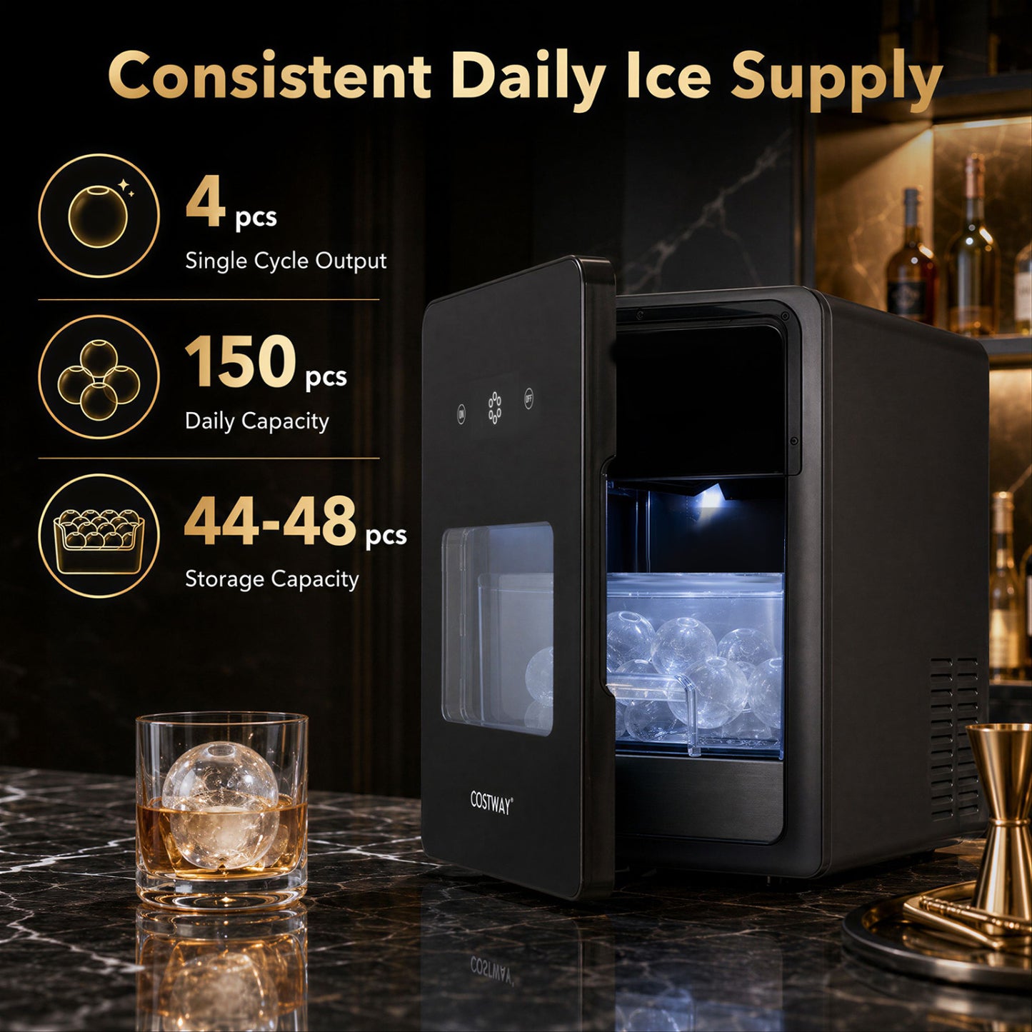2 Inch Countertop Ice Ball Maker with 4 Ice Balls Made in 38 Minutes-Black