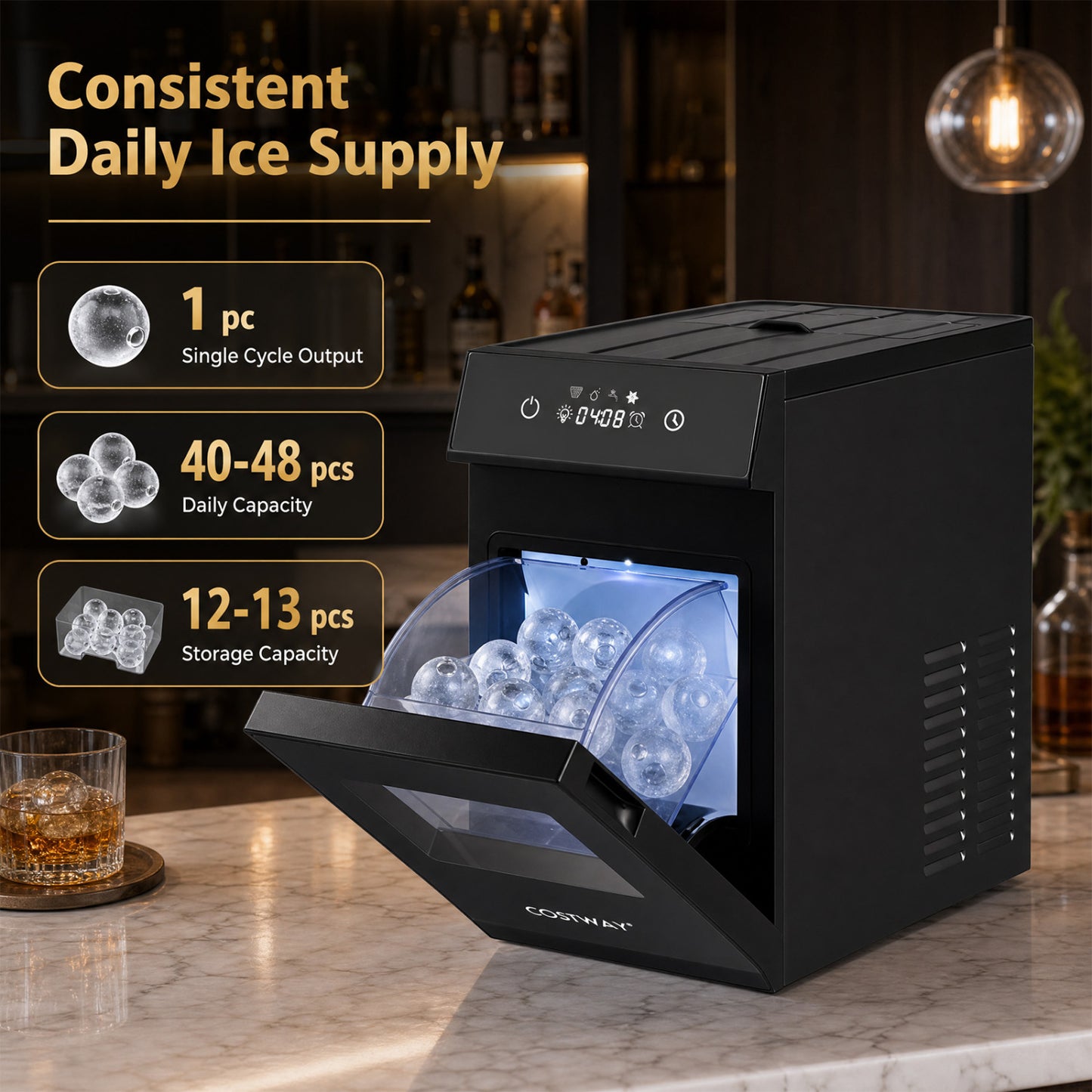 2 Inch Ice Ball Maker Countertop with Self-Cleaning and 8H Timer-Black