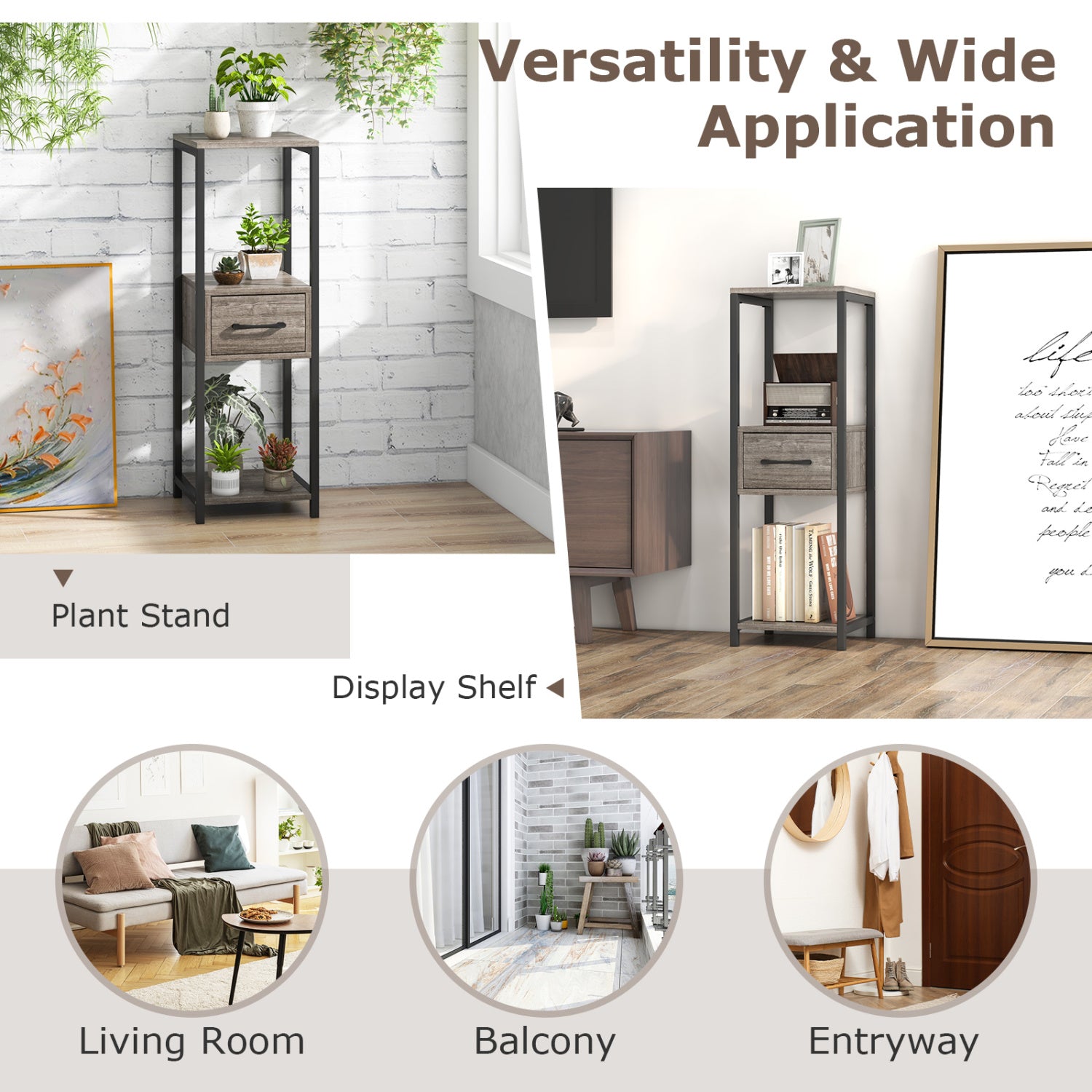 2 Pack 3 Tier Tall Metal Plant Stand with Drawer and Display Shelf-Gray