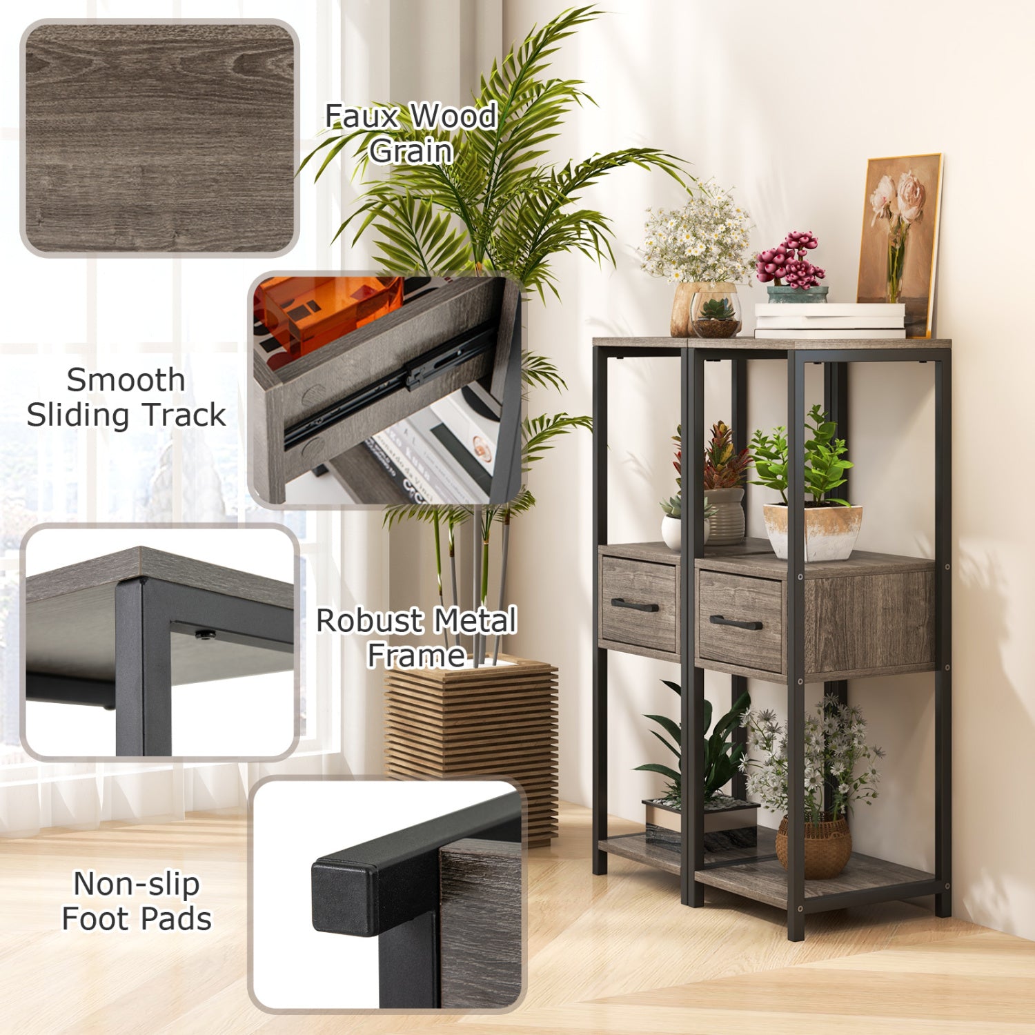 2 Pack 3 Tier Tall Metal Plant Stand with Drawer and Display Shelf-Gray