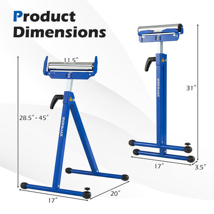 2-Pack Folding Roller Stands Portable Outfeed Supports with Adjustable Height-Blue
