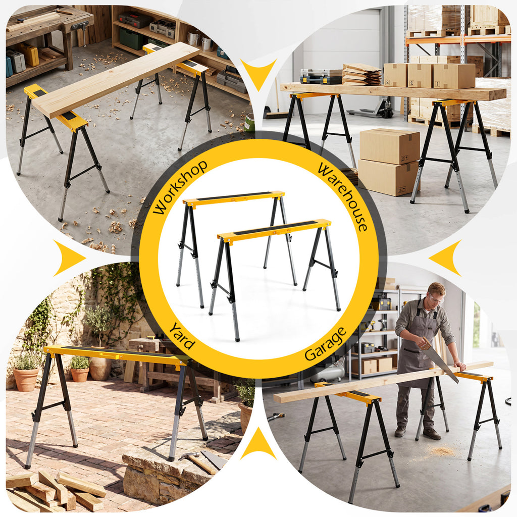 2 Pack Folding Saw Horses with 12 Adjustable Leg Heights and Handles-Yellow